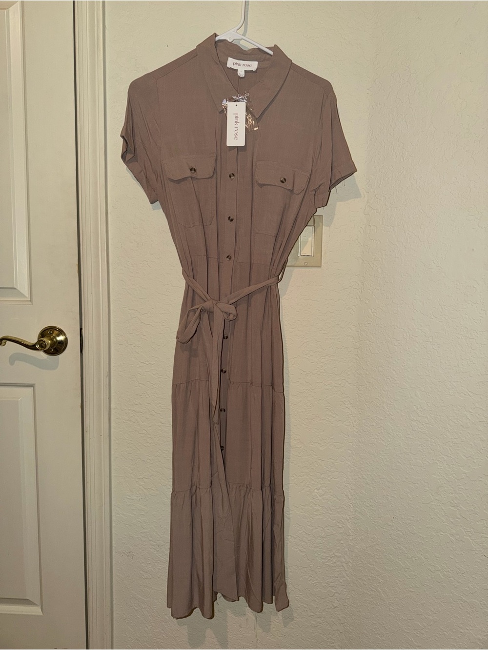 Pink Rose Taupe Button-Front Shirt Maxi Dress with Tie Waist